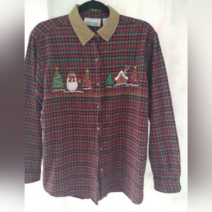 Christmas flannel with corduroy collar and christmas scene embroidery.L.
